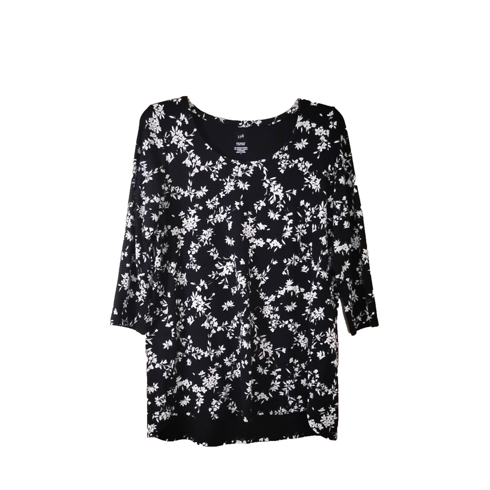 J Jill Womens Small Pullover Top 3/4 Sleeve Black White Floral